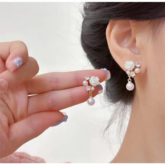 Elegant Floral Pearl Zirconia Stud Earrings, Bouquet Crystal Accent Earrings - Picture 6 of 9